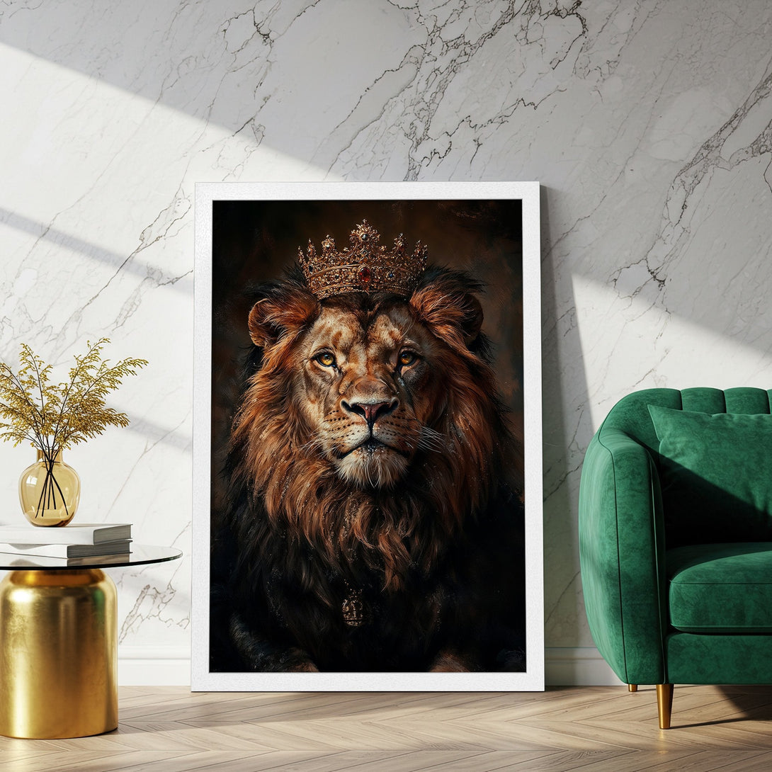 Framed Poster of a regal lion with a crown. Rich, warm color palette, perfect for adding a touch of luxury to your space.