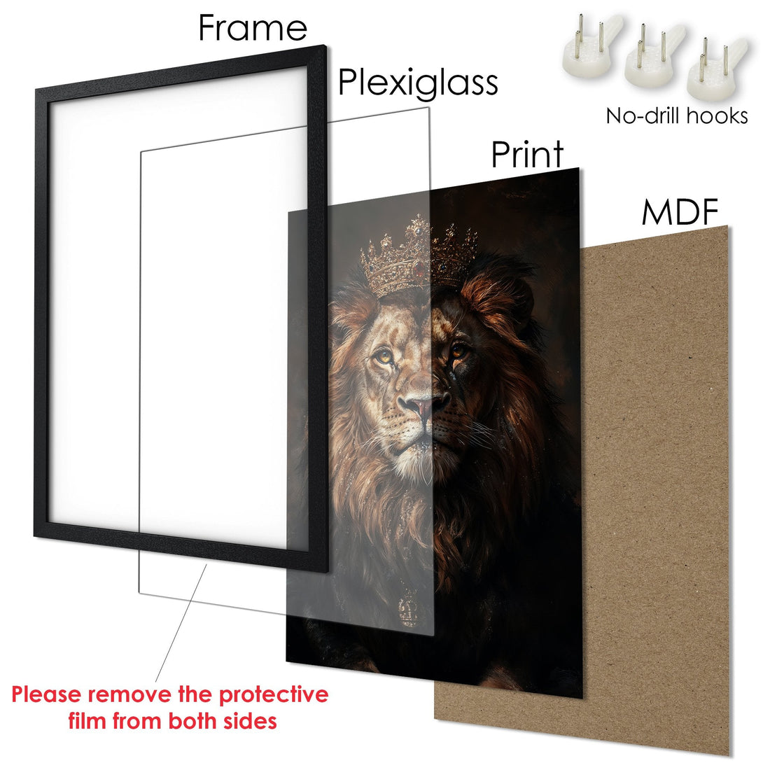 Framed Poster of a majestic lion with a crown. Dark, warm color palette. Perfect wall art for any room.