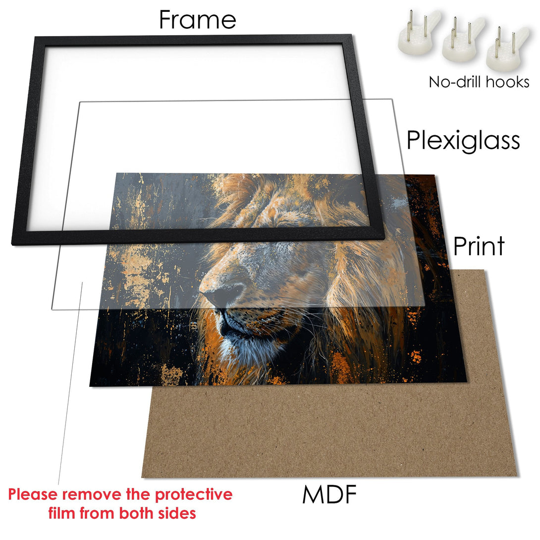 Framed Poster featuring a majestic lion in an abstract style with a black, gold, and orange color palette. Perfect wall art!