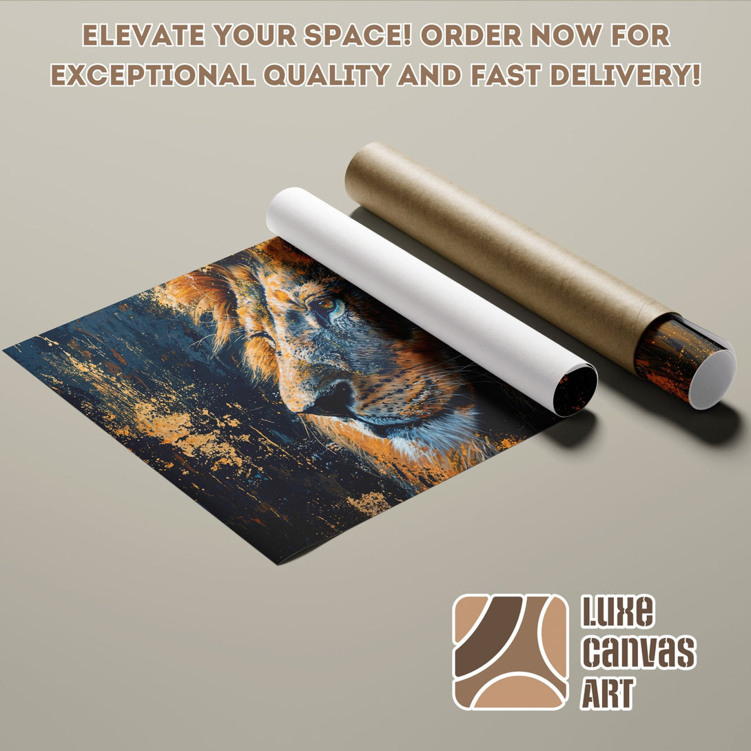 Lion Poster Roll, abstract art in blue, gold, and brown. Elevate your space with Luxe Canvas Art!