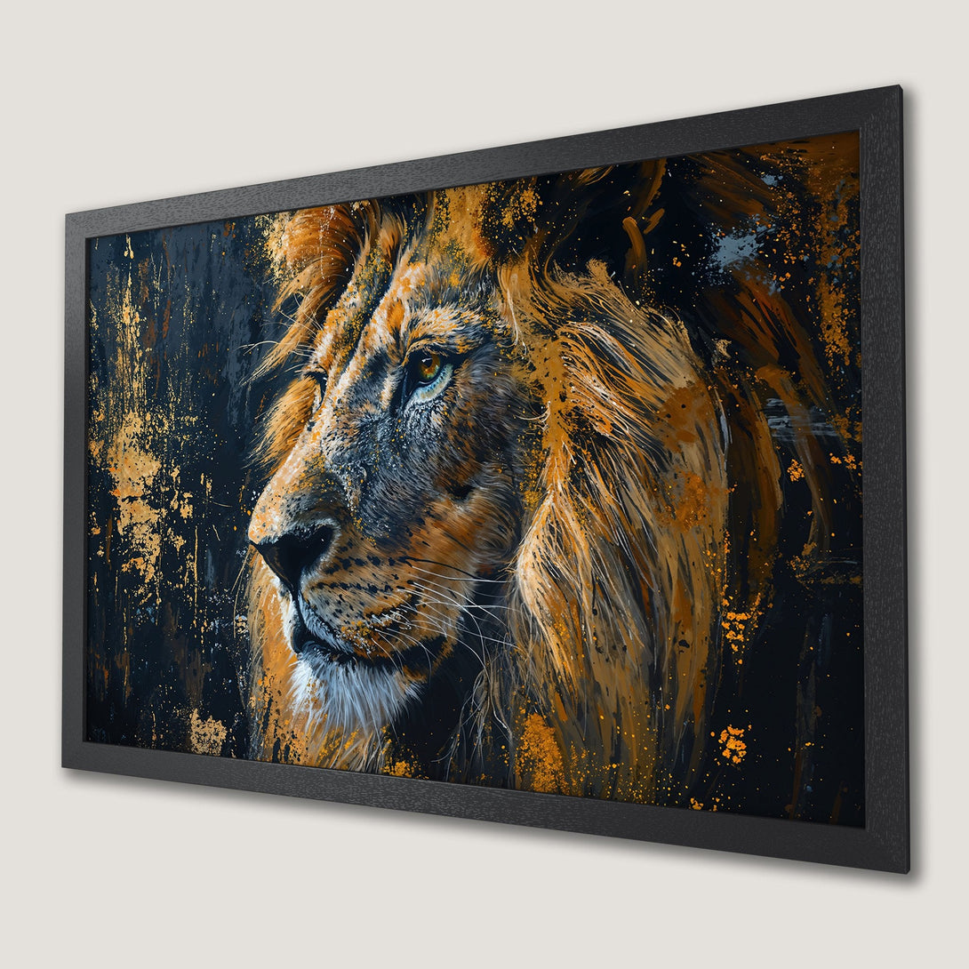 Framed Poster of a majestic lion, abstract art style with orange, gold, and black color palette. Add a touch of wild to your space!
