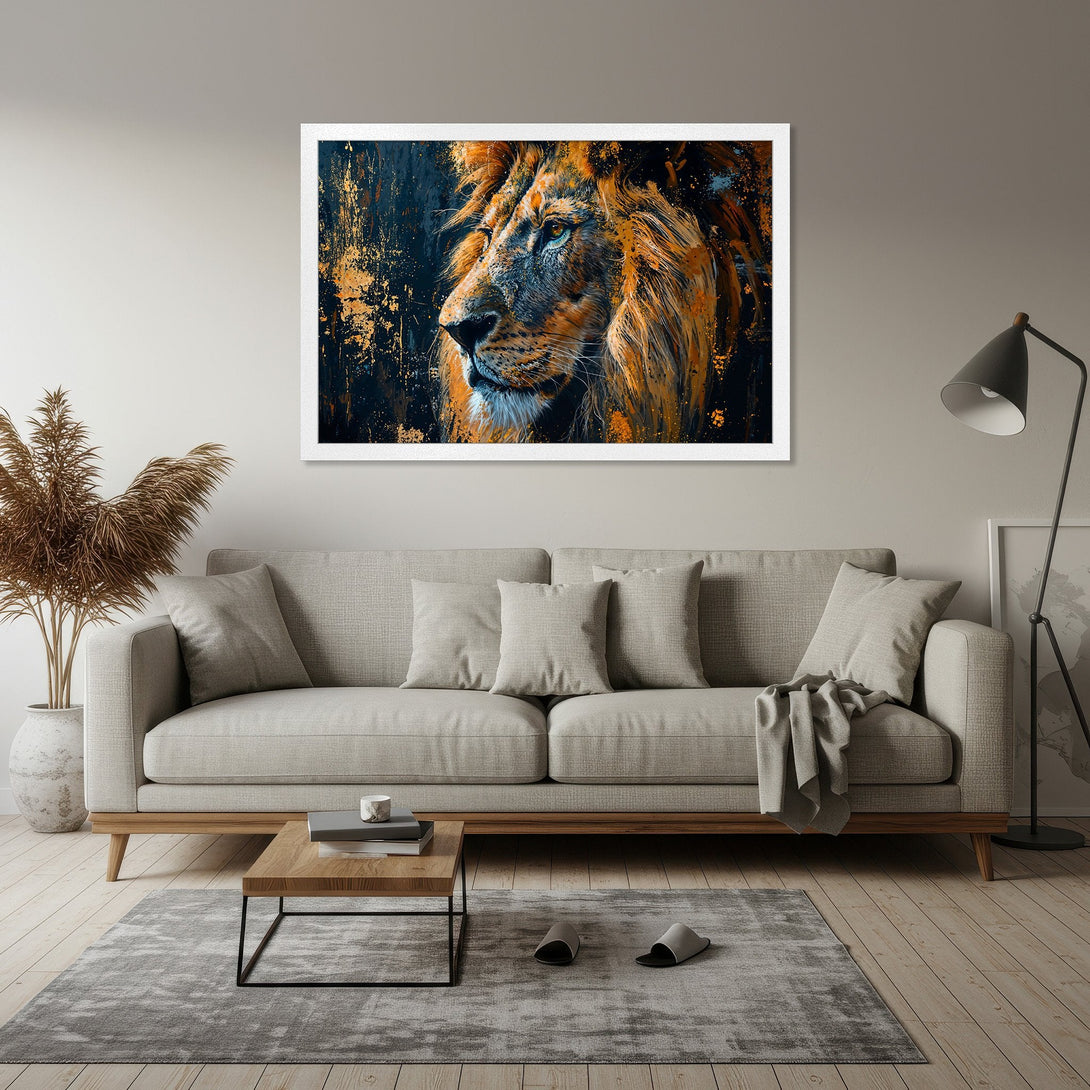 Framed Poster of a majestic lion. Abstract art style with orange, black, and blue color palette. Elevate your decor with this stunning artwork!