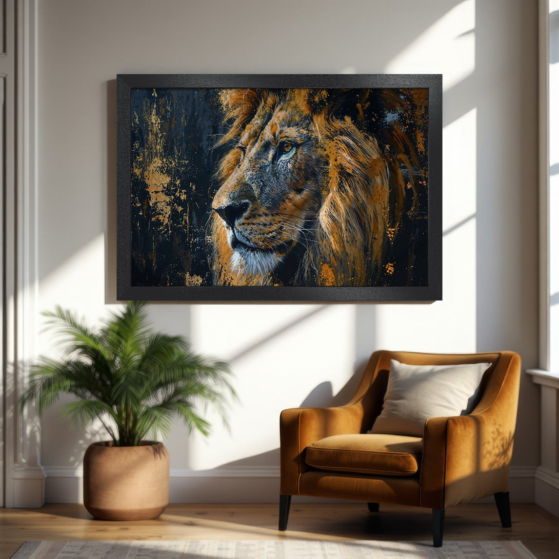 Framed Poster featuring a majestic lion. Abstract art style with gold and black color palette. Perfect wall decor.