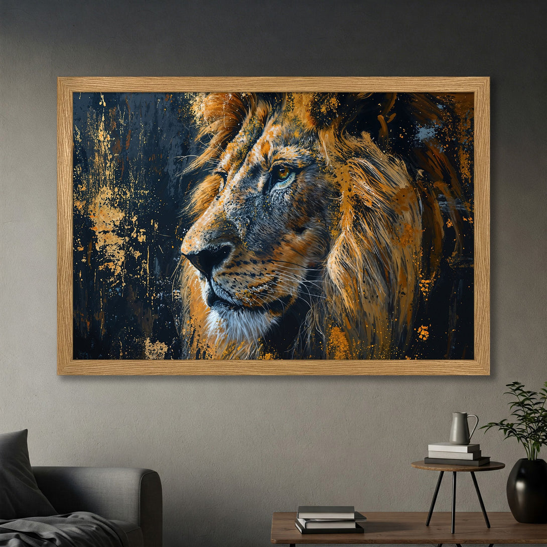Framed Poster featuring a majestic lion artwork. Abstract style with a dark, gold, and orange color palette. Add a touch of wild to your space!