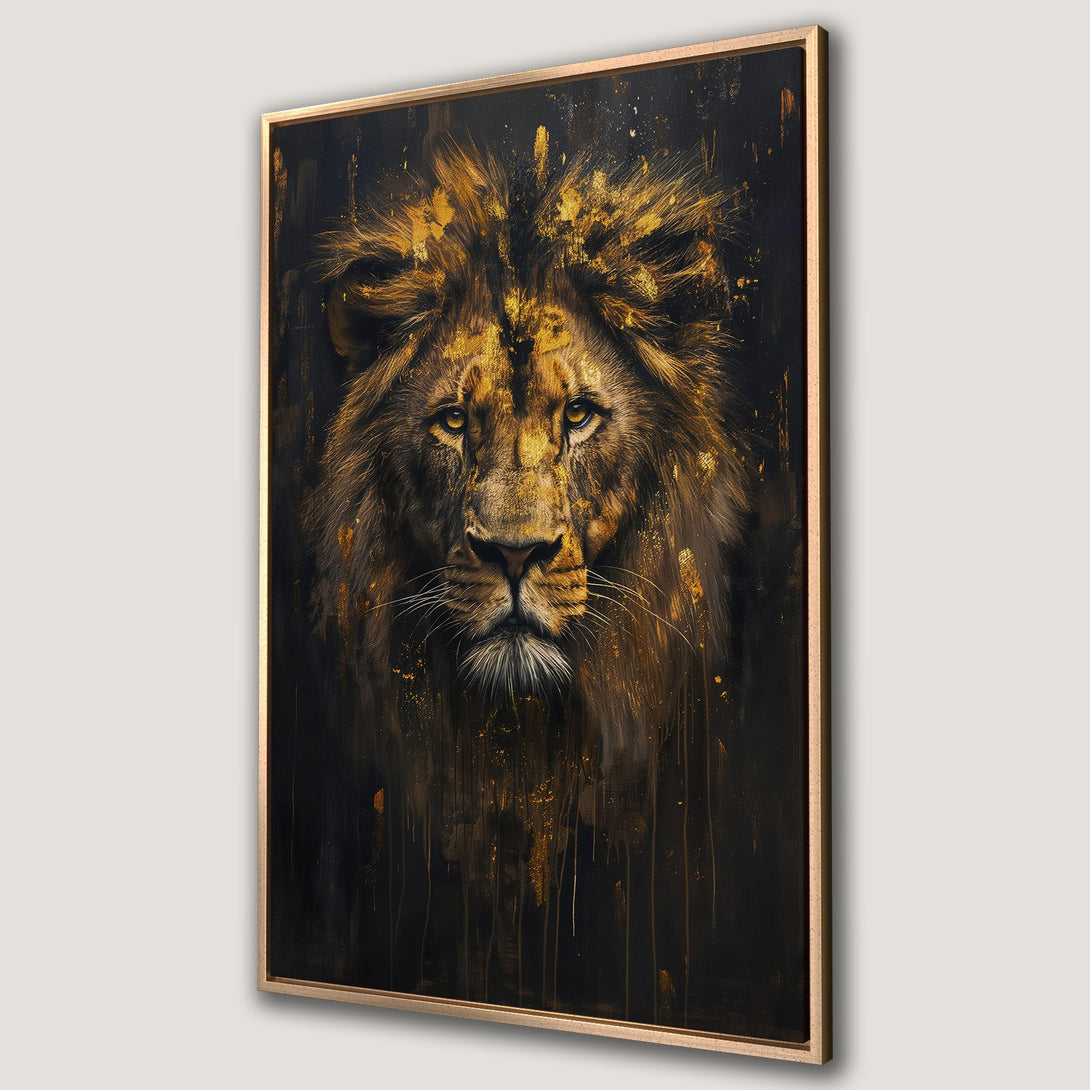 Framed Wall Art: Majestic lion portrait in gold and black. Stunning canvas print with a regal, artistic style perfect for any home decor.