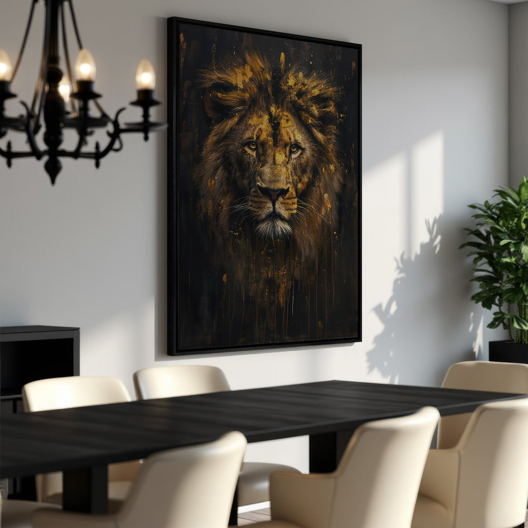 Framed Wall Art: Majestic lion portrait in gold and black, perfect for adding a touch of luxury to your dining room. Shop now for stunning wall decor!