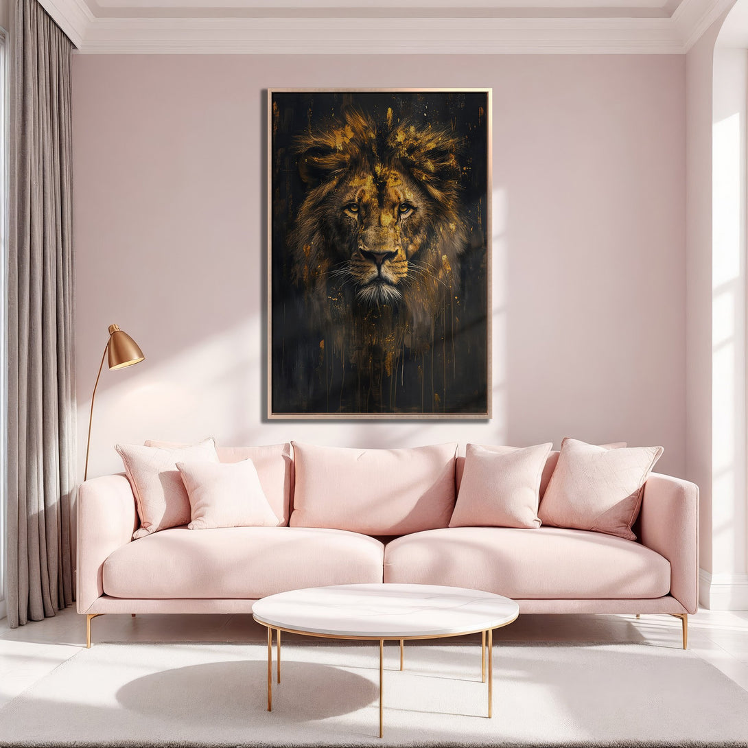 Framed Wall Art: Majestic lion portrait in gold and black, displayed in a stylish pink living room. Add a touch of luxury to your space!