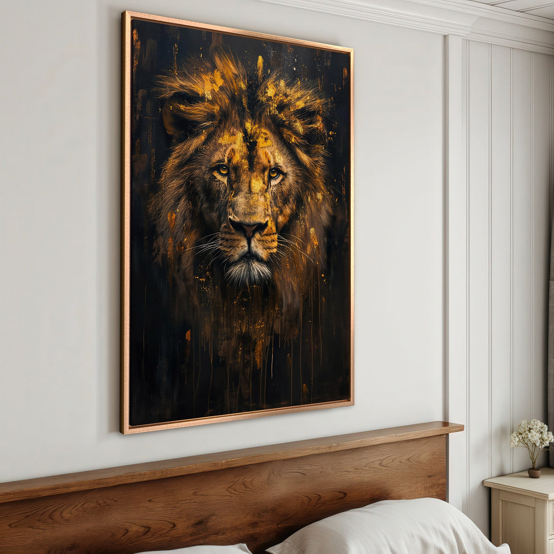Framed Wall Art: Majestic lion portrait in gold and black. Stunning canvas print for a bold statement. Elevate your decor with this captivating artwork.