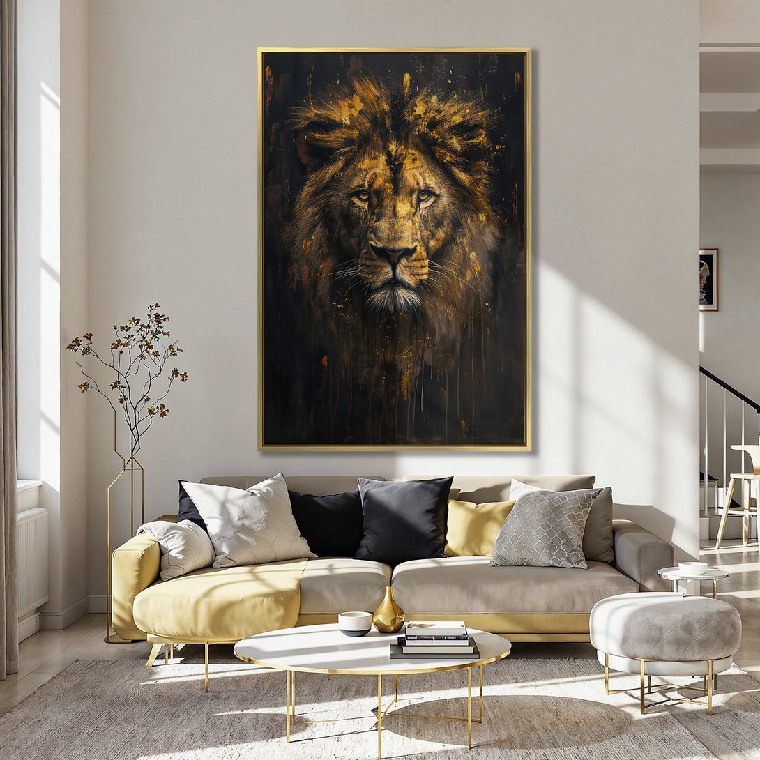 Canvas Print of a majestic lion in gold and black, adding a touch of wild elegance to any space. Dramatic art with a bold color palette.