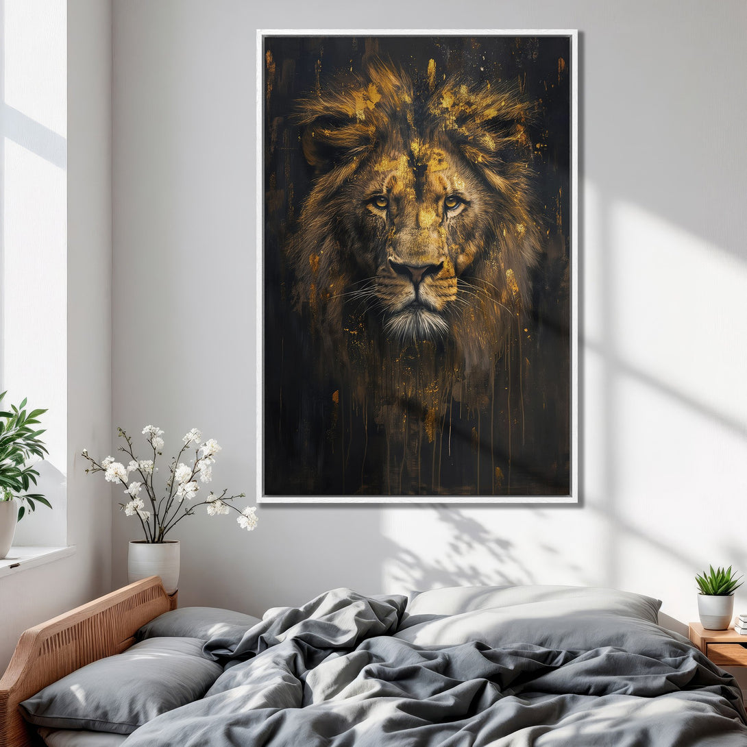 Framed Wall Art: Majestic lion portrait in gold and black, perfect for bedroom decor. Add a touch of luxury with this stunning canvas print.