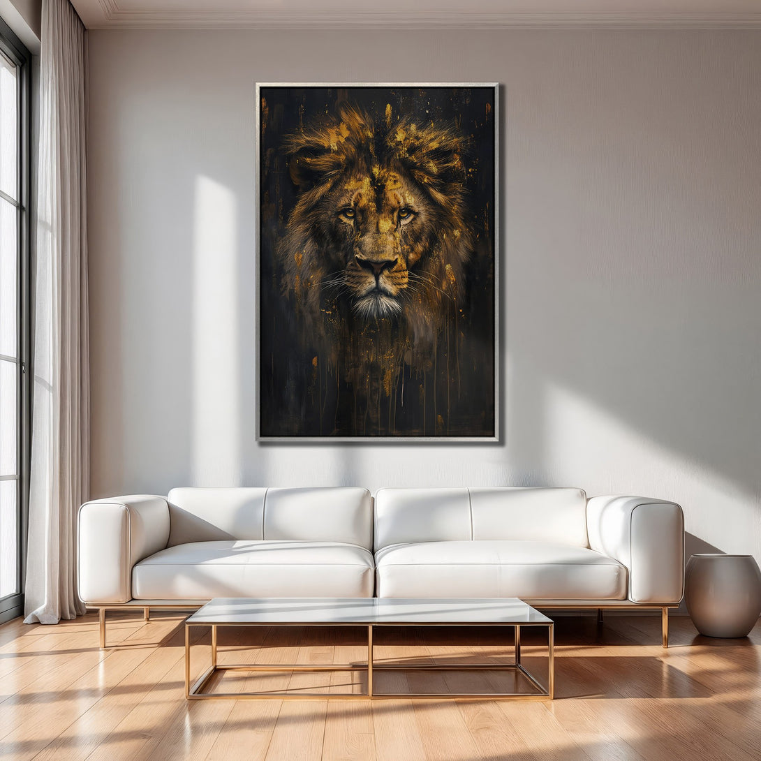 Framed Wall Art of a majestic lion in gold and black, displayed in a modern living room. Add a touch of luxury with this stunning Canvas Print!