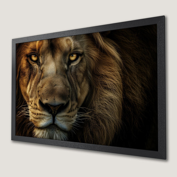 Framed Poster featuring a majestic lion portrait in warm brown tones. Perfect art for your home!