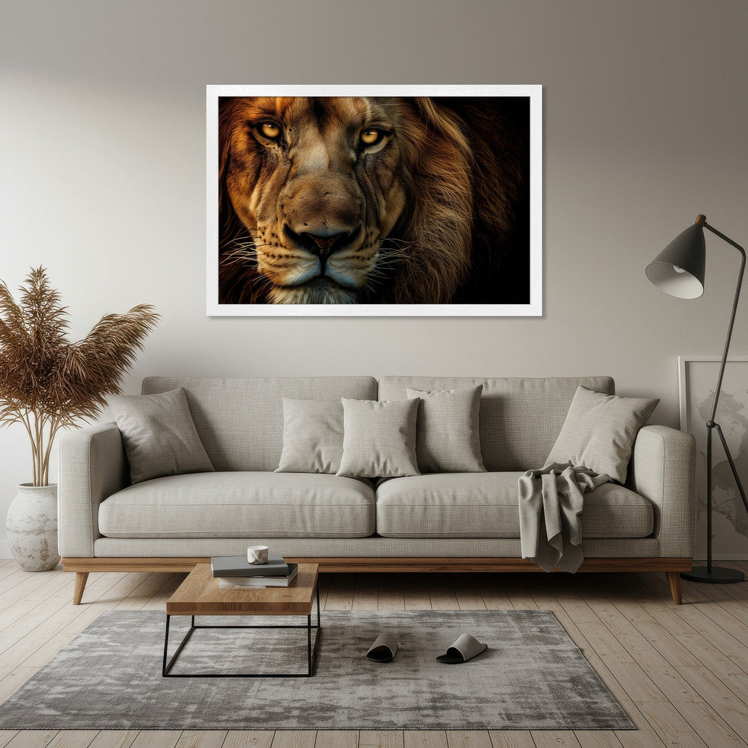 Framed Poster featuring a majestic lion portrait. Warm, earthy tones and a captivating, realistic style. Perfect wall art!