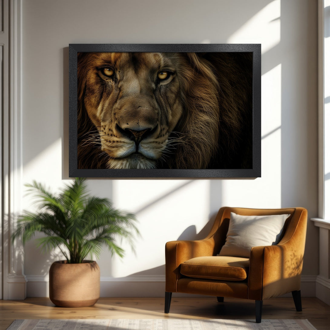 Framed Poster featuring a majestic lion portrait in warm brown tones. Perfect for adding a touch of wild elegance to any space.
