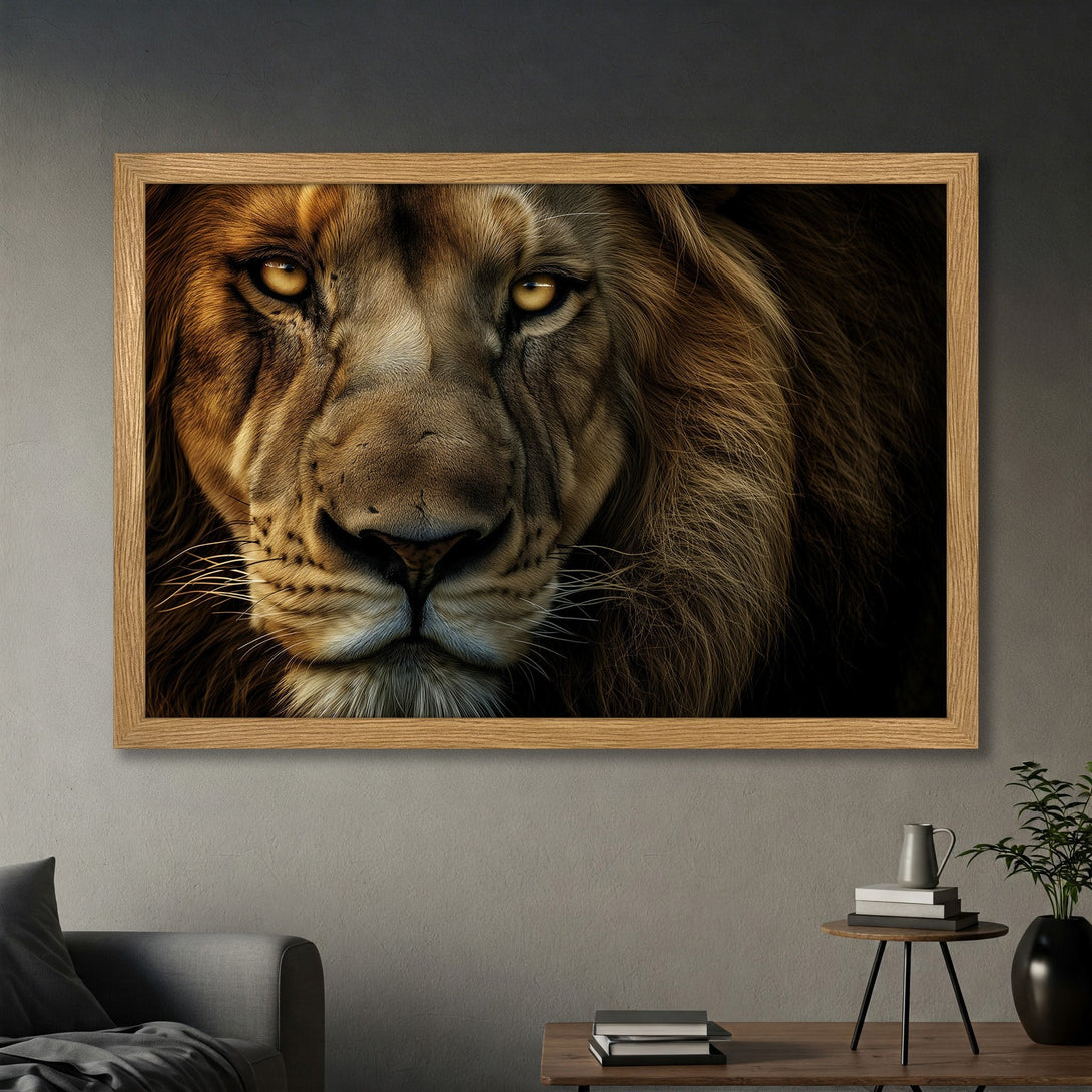 Framed Poster featuring a majestic lion portrait. Stunning wildlife art in warm brown and gold tones. Elevate your space with this captivating Poster.