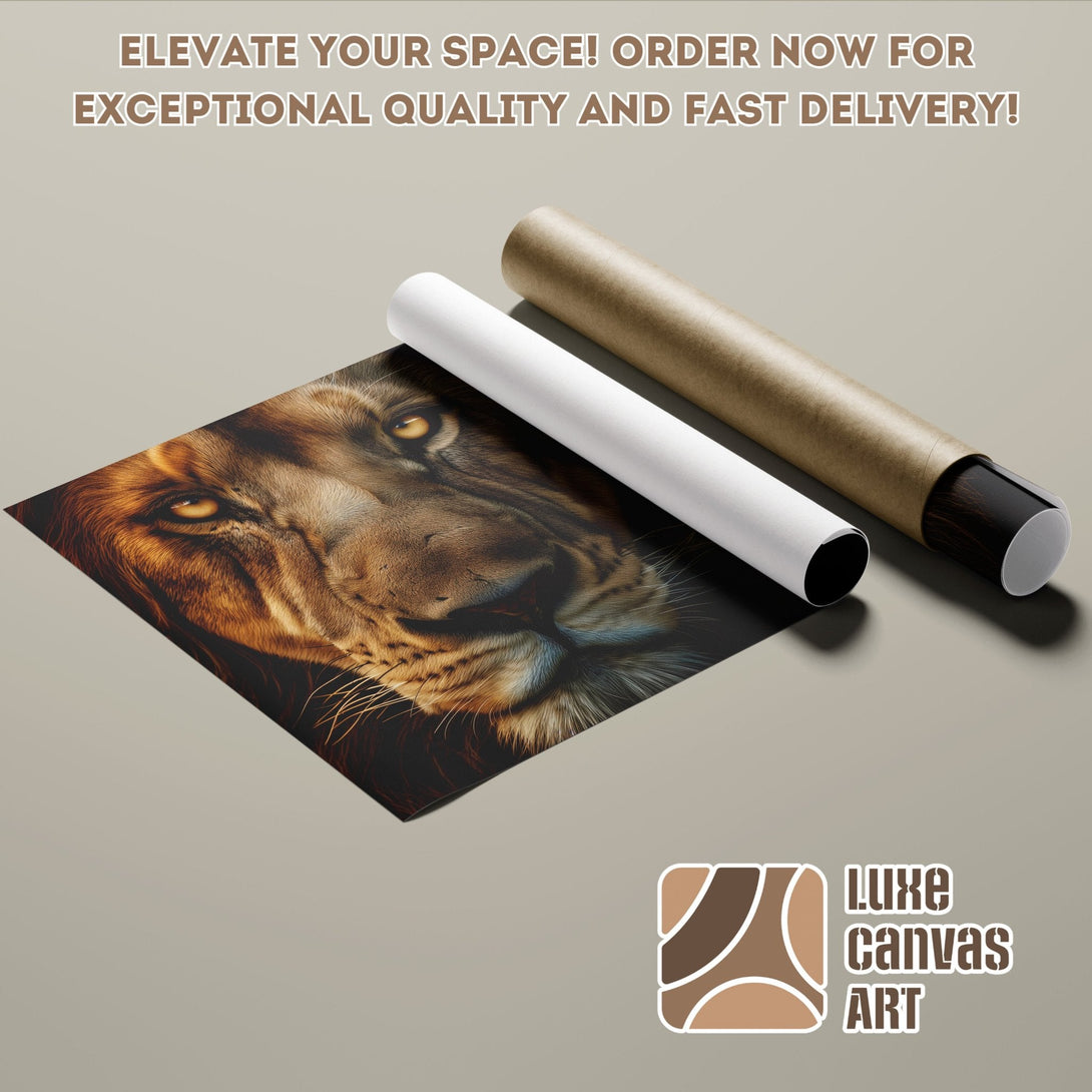 Lion Poster Roll, warm color palette, artistic style. Elevate your space with exceptional quality art!