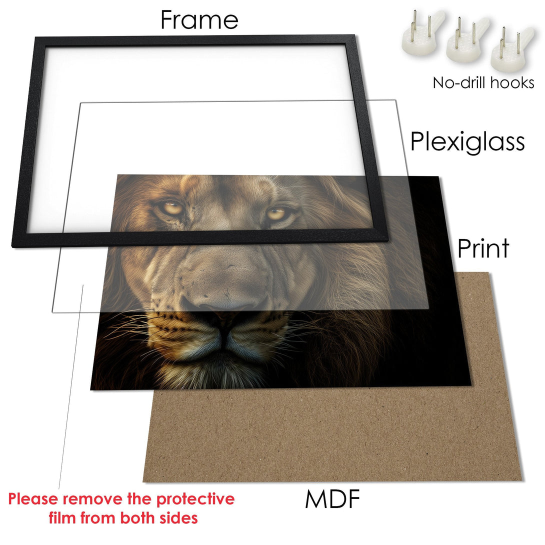 Framed Poster featuring a majestic lion portrait, showcasing a warm, earthy color palette. Perfect wall art for any space!