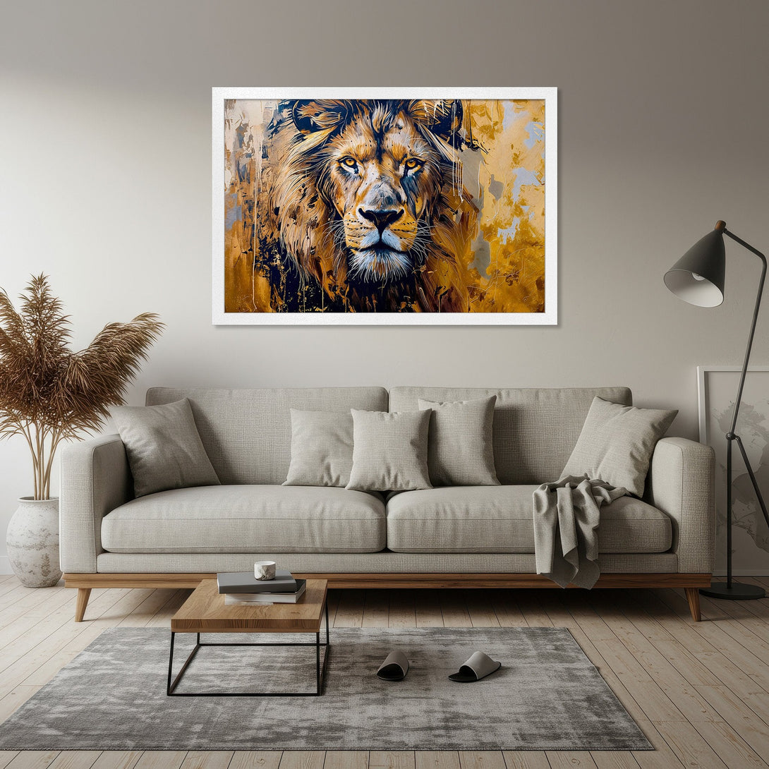 Framed Poster featuring a majestic lion in abstract art style, gold and brown color palette, perfect wall decor.