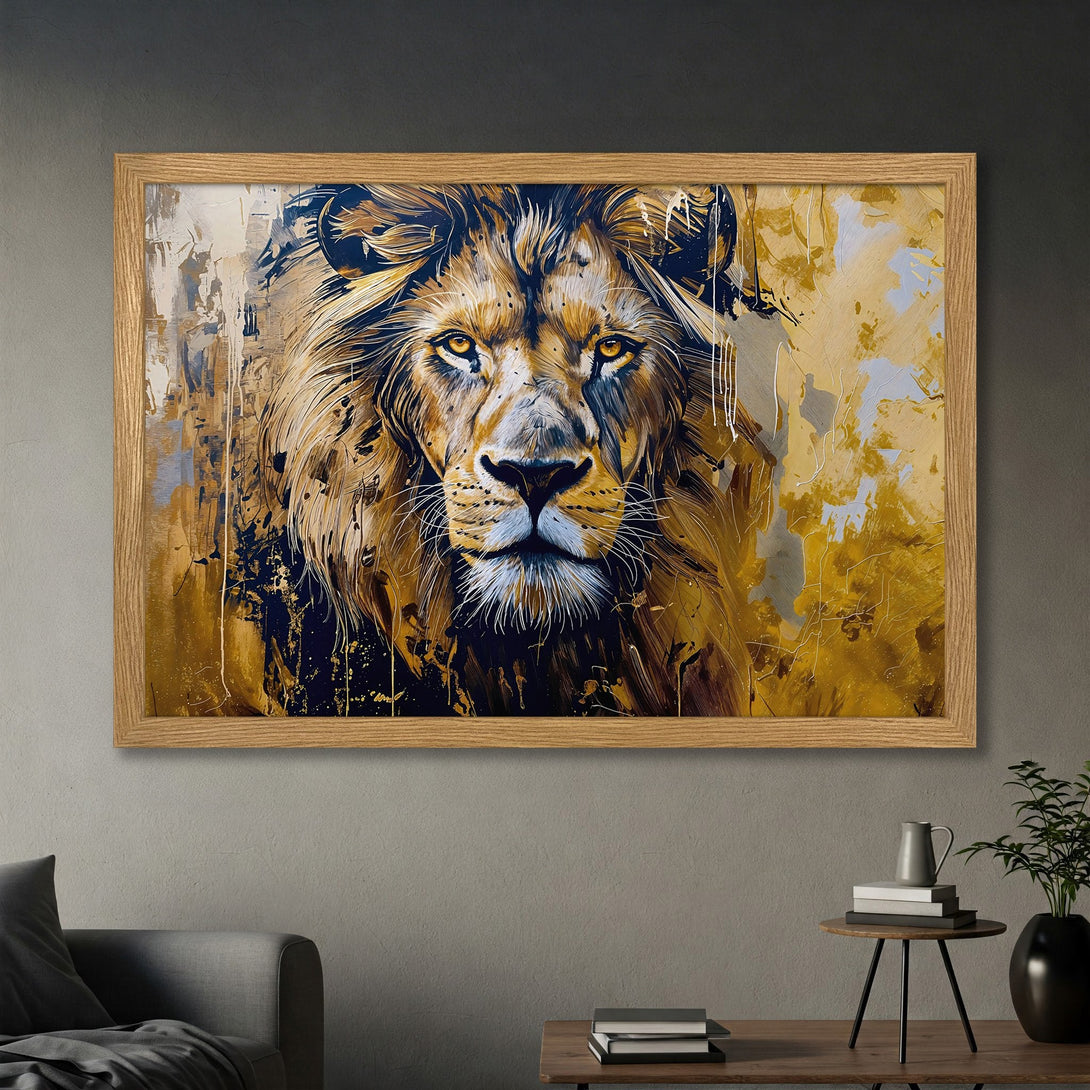 Framed Poster featuring a majestic lion in abstract art style with a gold and navy color palette. Bring power to your space!