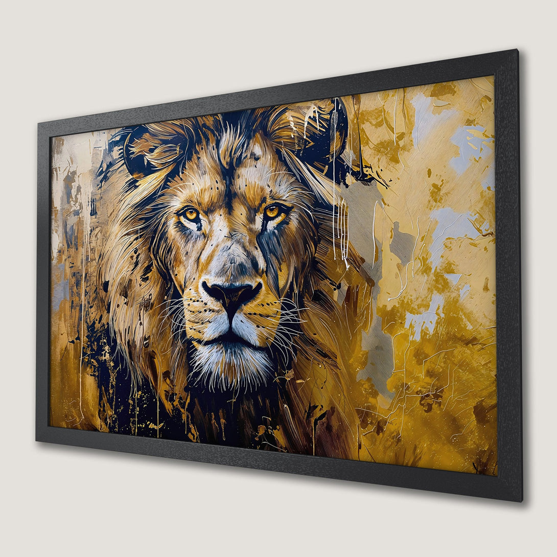 Framed Poster featuring a majestic lion in an abstract, gold and brown color palette. Add a touch of wild to your decor!