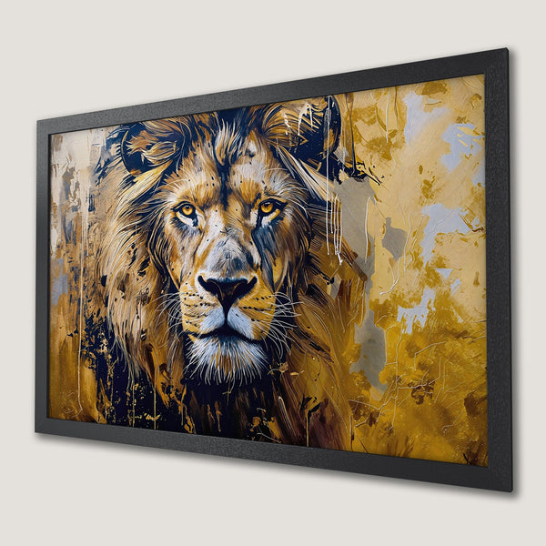 Framed Poster featuring a majestic lion in an abstract, gold and brown color palette. Add a touch of wild to your decor!