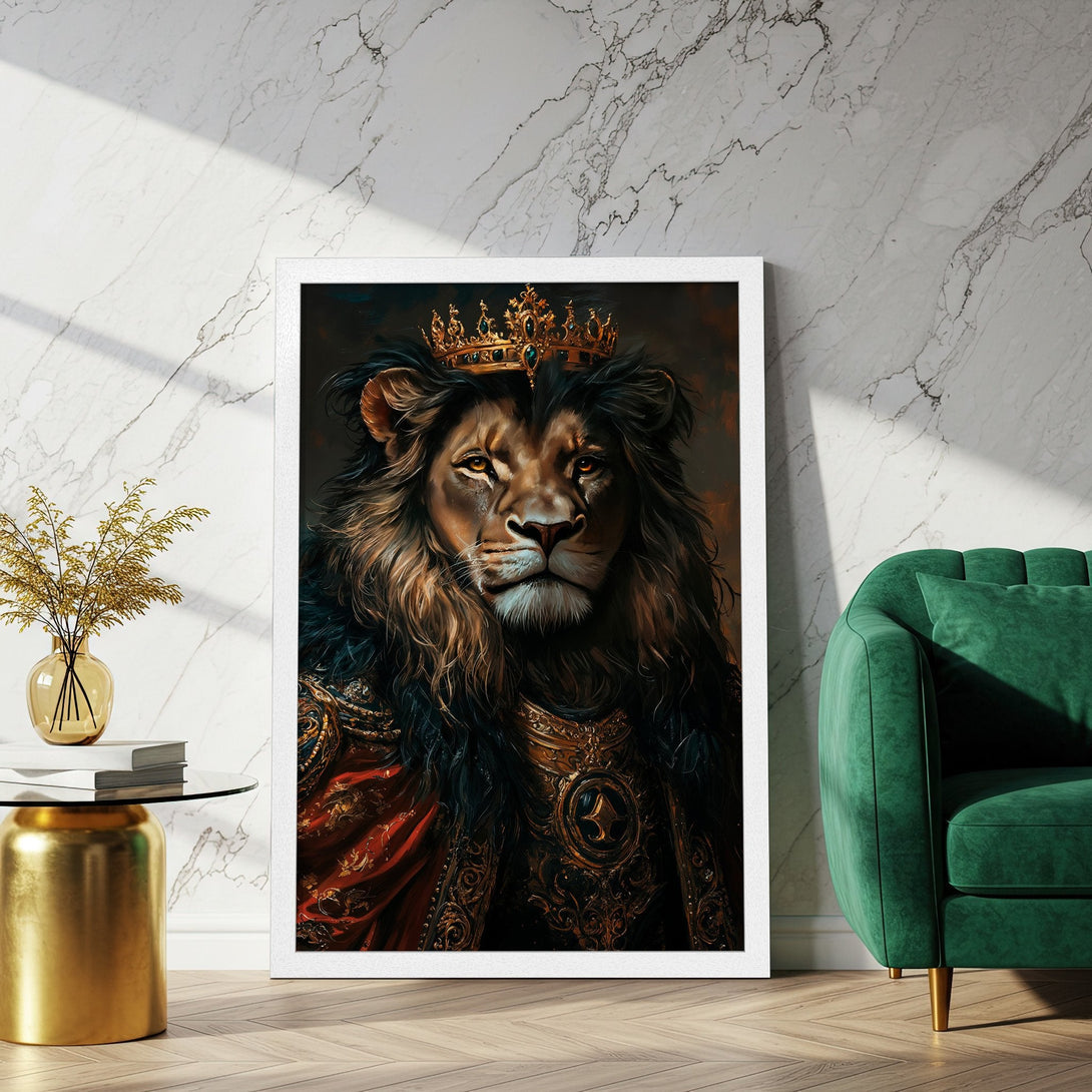 Framed Poster of a regal lion in a crown. Dramatic, detailed art with warm golds, reds, and deep blues. Perfect for home decor.