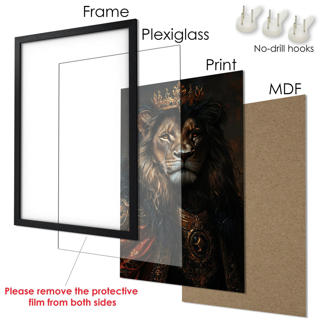 Framed Poster of a regal lion in a dark, detailed style with a gold and brown color palette. Perfect wall art!