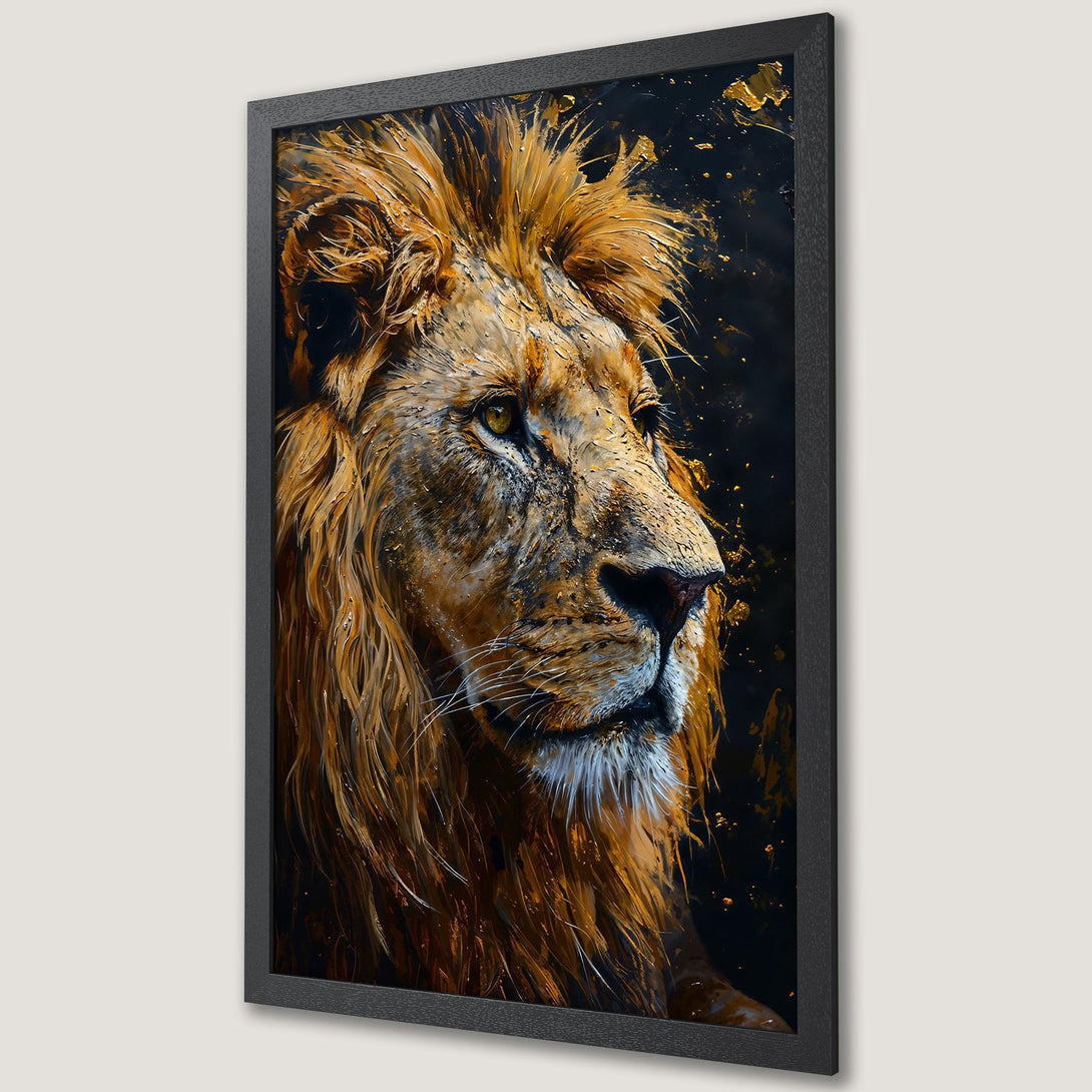 Framed Poster of a majestic lion in a dramatic, painterly style with a warm, golden and black color palette.