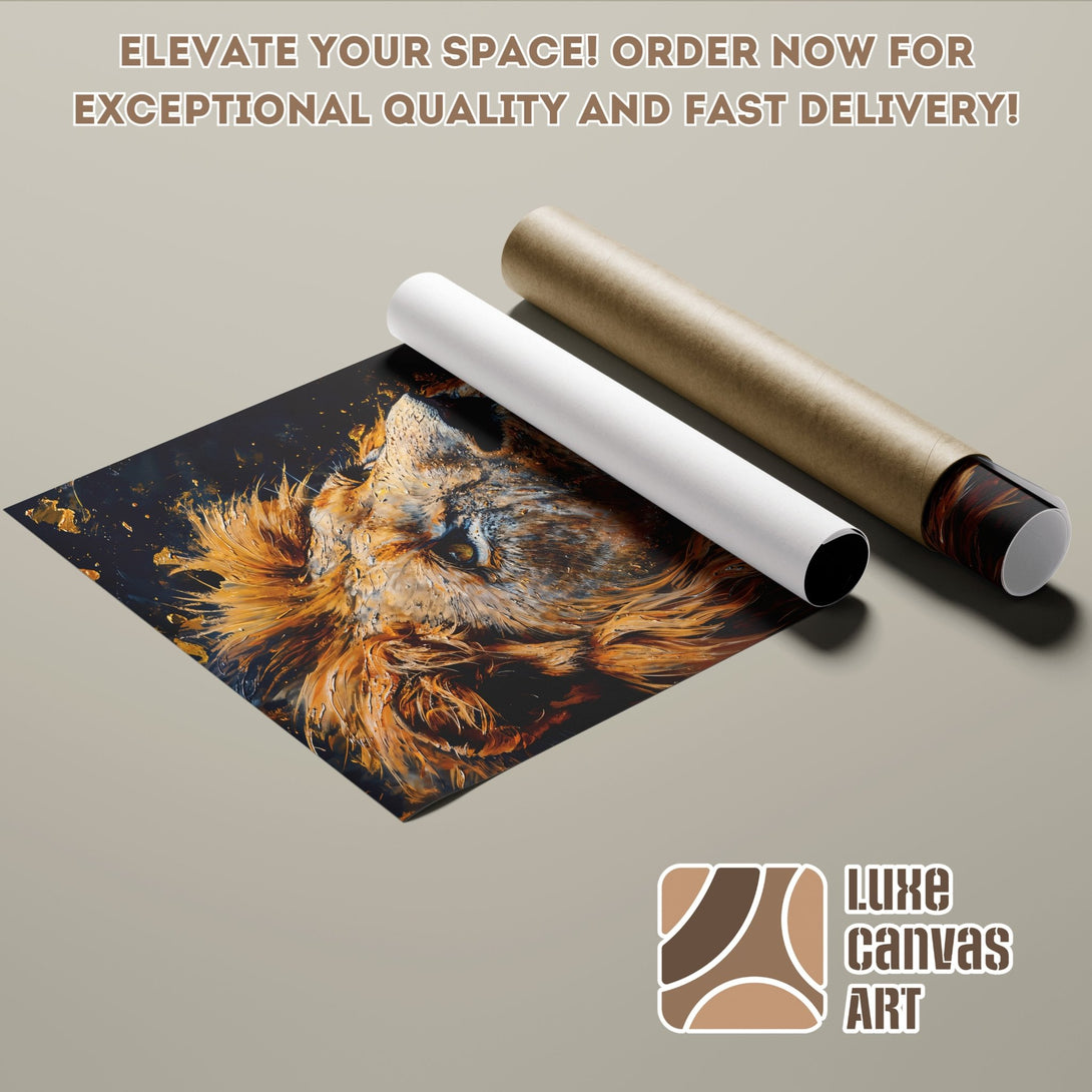Lion art poster roll, featuring a striking gold and black color palette. Elevate your space with Luxe Canvas Art!