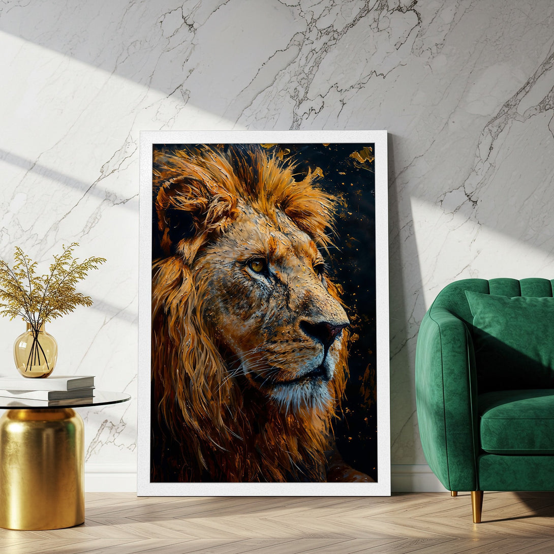 Framed Poster of a majestic lion, vibrant art style, warm gold and brown tones. Elevate your space with this stunning artwork!