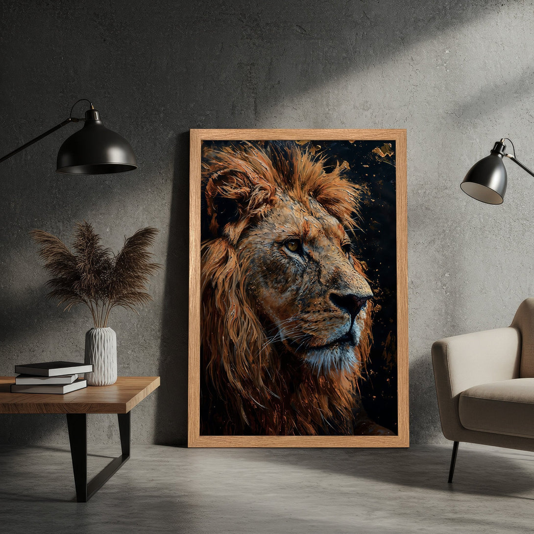 Framed Poster featuring a majestic lion portrait in warm earth tones. Artistic style with a dark, dramatic background. Perfect wall art!