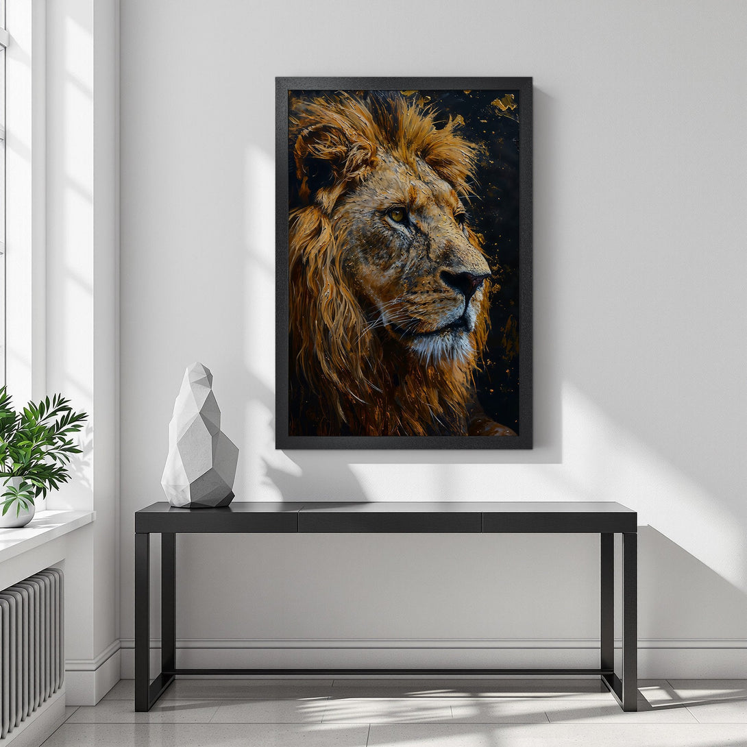 Framed Poster of a majestic lion in warm gold and black tones. Add a touch of wild elegance to your space!