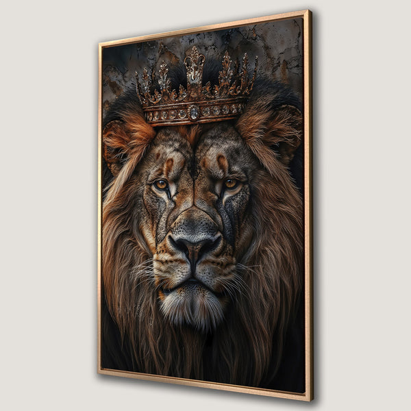 Framed Wall Art of a majestic lion wearing a crown. Warm brown and gold color palette. Perfect for adding a regal touch to your home decor.