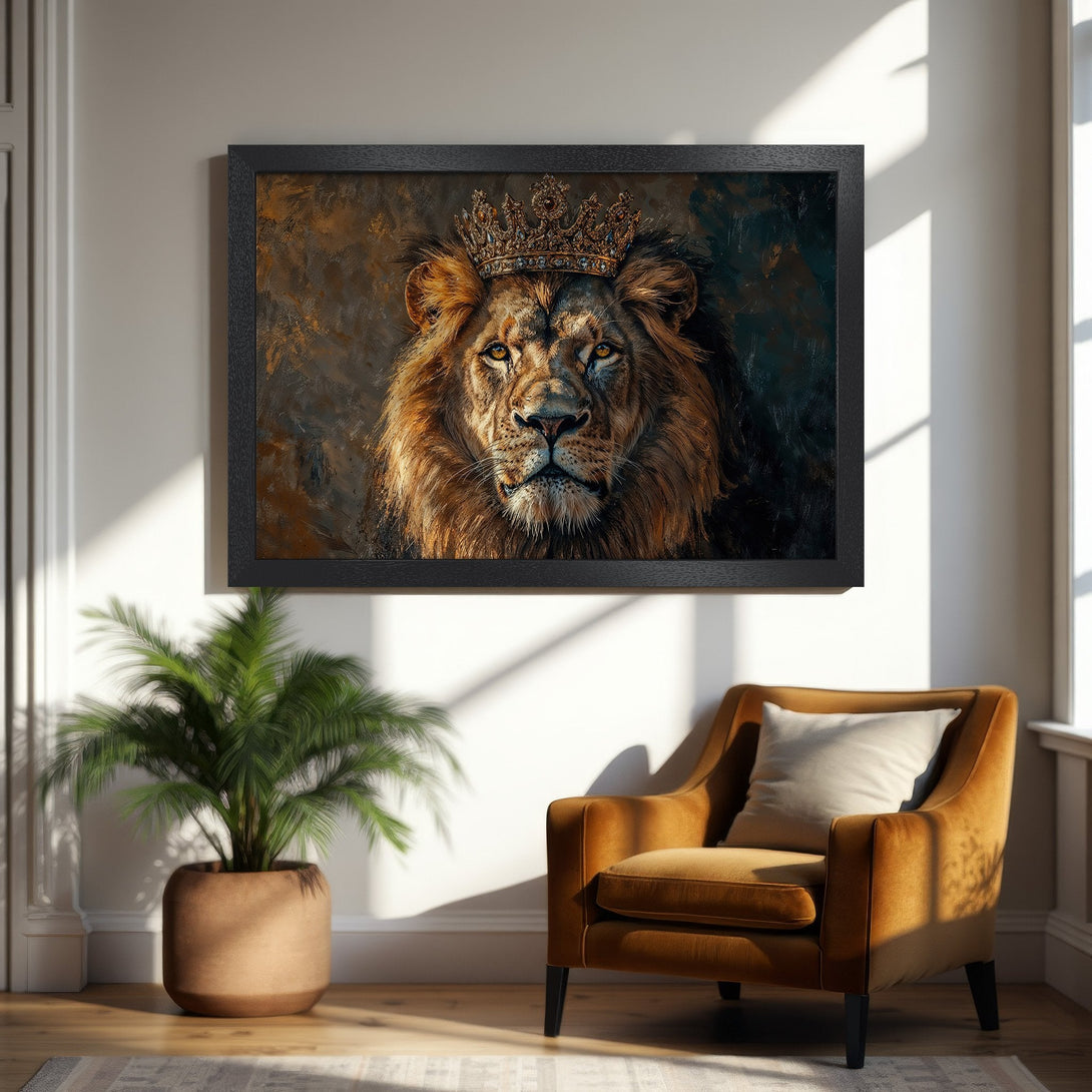 Framed Poster: Regal lion portrait with crown, oil painting style, warm gold & brown tones. Add a touch of royalty to your space!