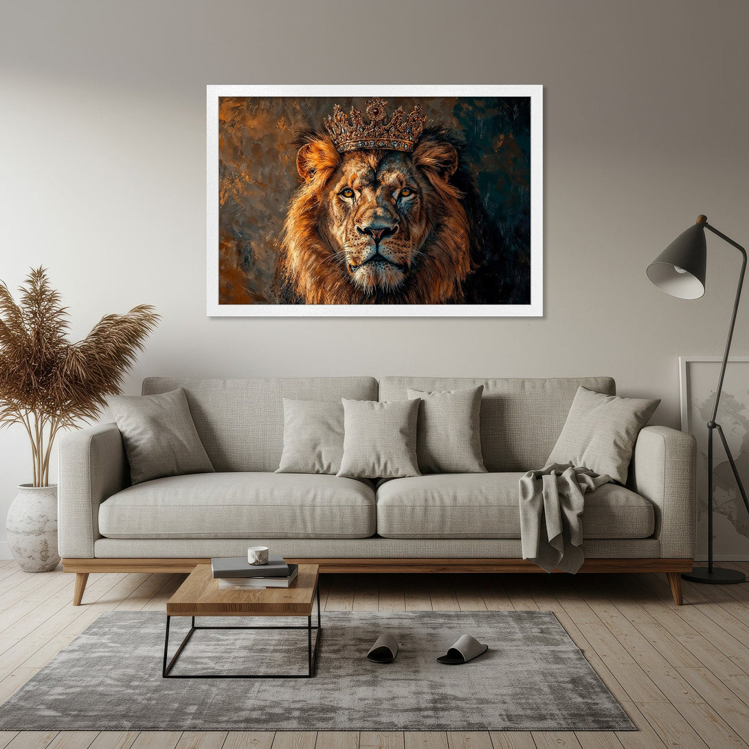Framed Poster featuring a regal lion with a crown, painted in a dramatic, textured style with warm gold and brown tones. Perfect wall art!