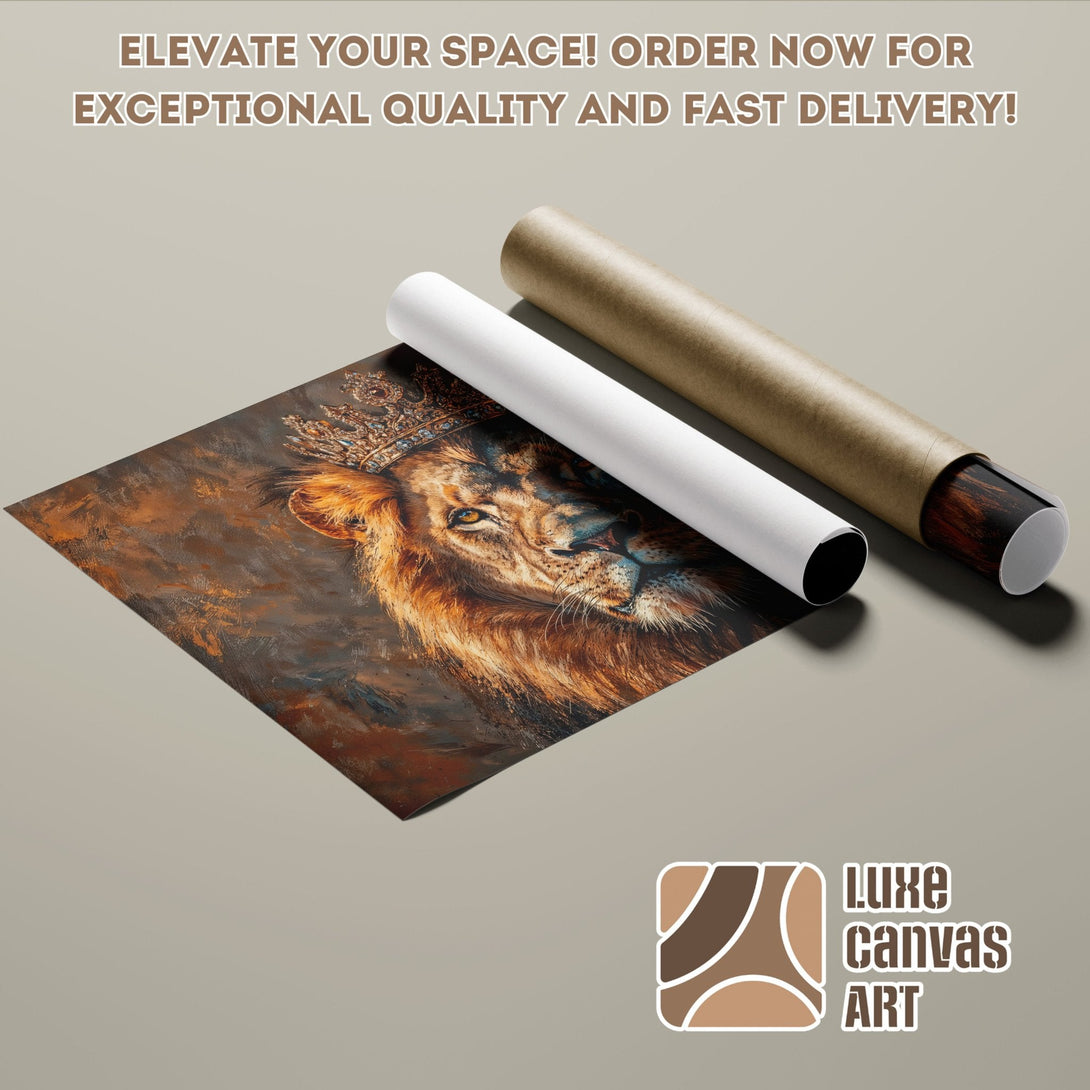Lion King Poster Roll, oil painting style, warm brown and gold tones. Elevate your space!