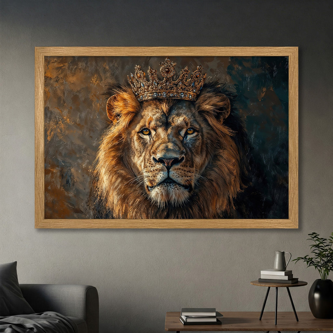 Framed Poster of a regal lion wearing a crown. Artistic style with warm, earthy tones and a touch of gold. Perfect wall art.