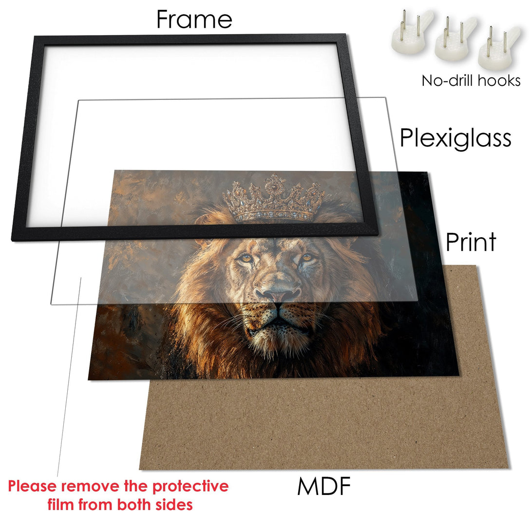 Framed Poster of a majestic lion with a crown. Features a warm, earthy color palette. Perfect wall art for your home!