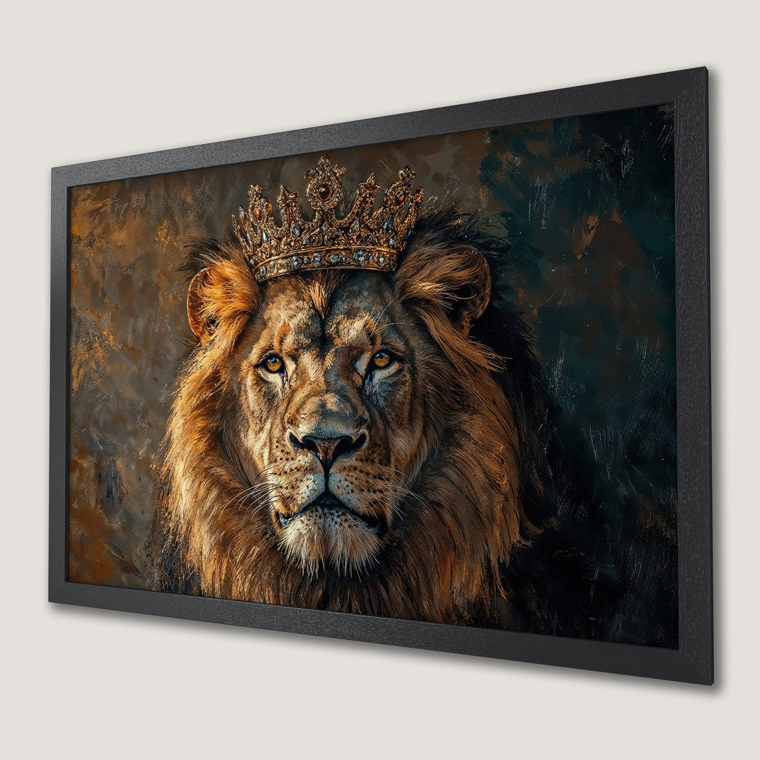 Framed Poster featuring a regal lion with a crown, painted in a bold, expressive style with a warm, earthy color palette.