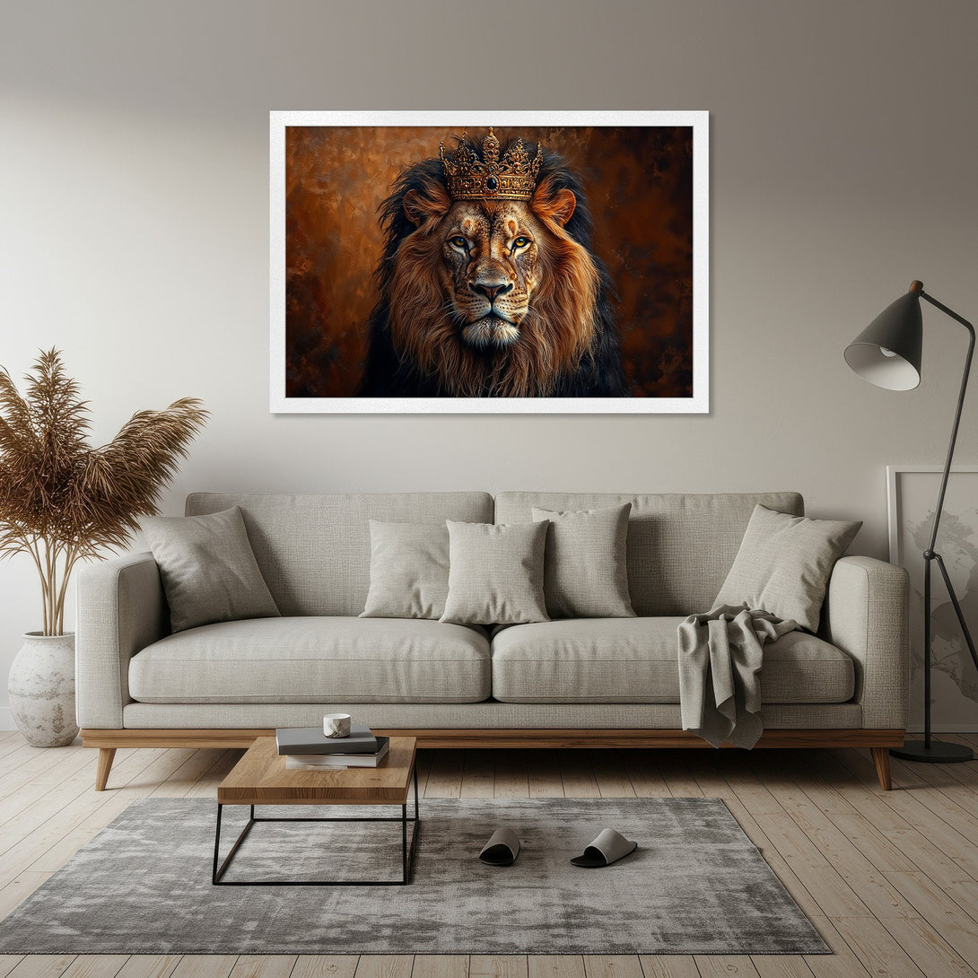 Framed Poster of a regal lion with a crown, rich brown and gold tones, perfect for home decor.