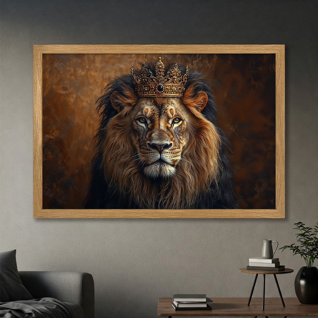 Framed Poster of a regal lion wearing a crown, painted in a dramatic style with a warm brown and gold color palette. Perfect wall art!