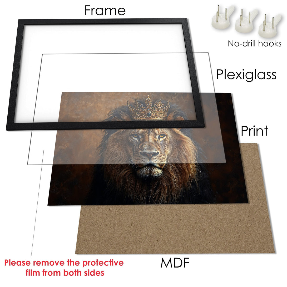 Framed Poster featuring a majestic lion with a crown. Warm, earthy tones and detailed artwork. Elevate your space with this stunning print.