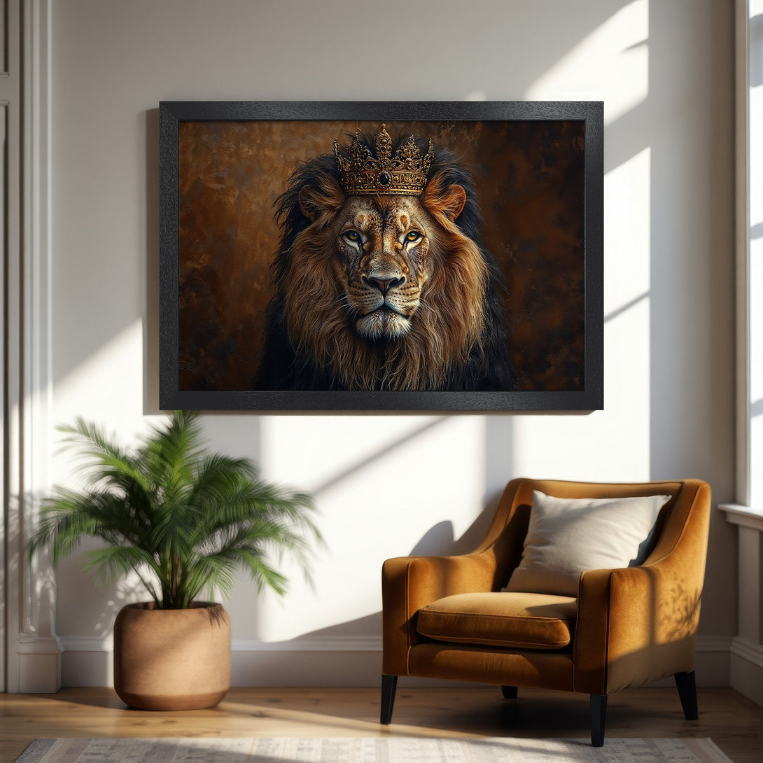 Framed Poster of a regal lion wearing a crown. Rich brown tones, artistic style, perfect wall art for any space.