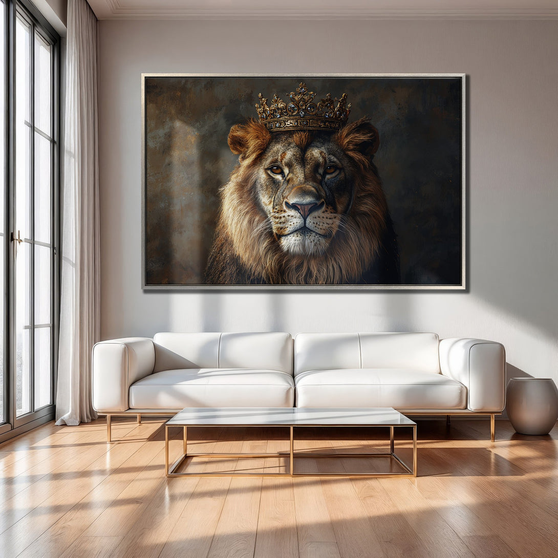 Framed Wall Art: Majestic lion portrait with a crown, warm brown and gold tones, displayed in a modern living room. Elevate your space!