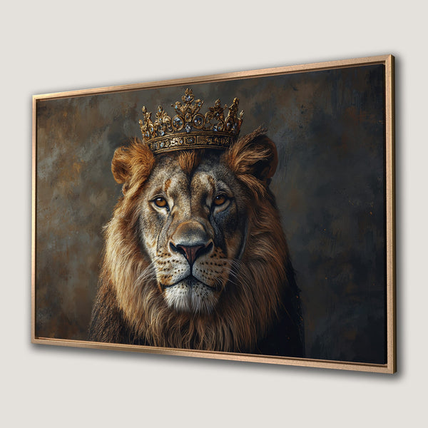 Framed Wall Art: Regal lion portrait with crown, warm brown and gold tones. Perfect for adding a touch of luxury to any space.