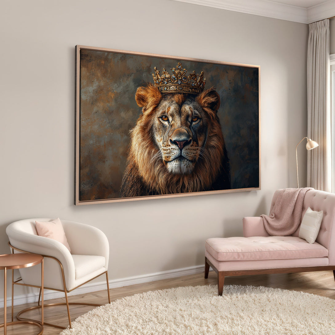 Framed Wall Art: Majestic lion portrait with crown. Warm, earthy tones. Adds regal style to any room. Shop now for stunning Canvas Prints!