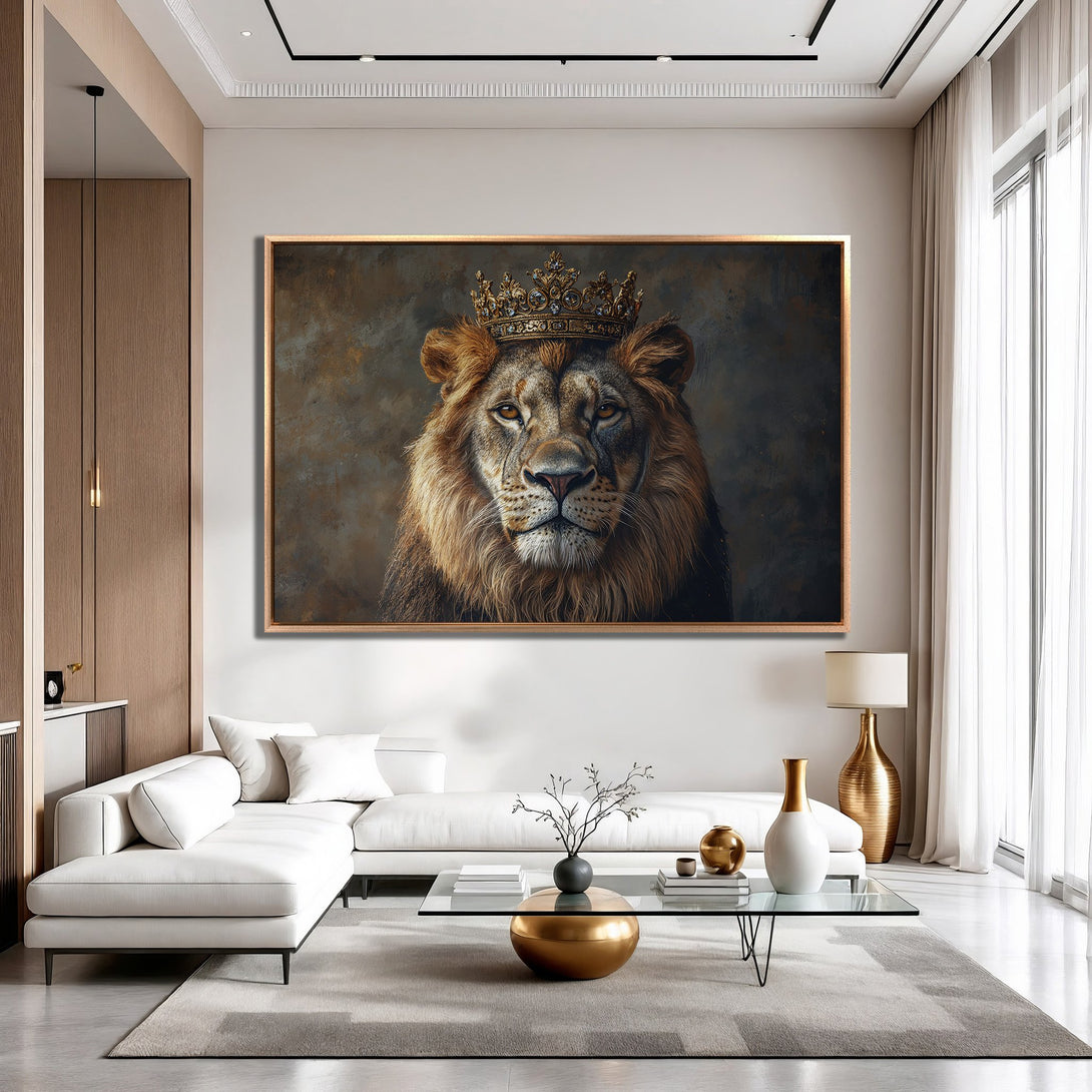 Framed Wall Art: Majestic lion with crown, regal portrait in warm brown and gold tones. Perfect for adding a touch of luxury to your home decor.