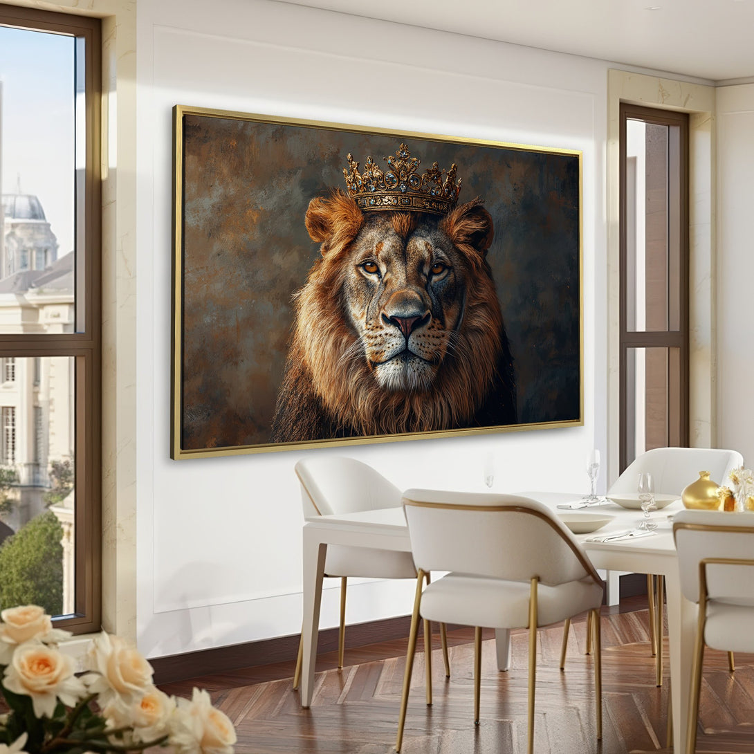 Canvas Print of a regal lion with a crown, displayed in a luxurious green interior. Warm, earthy tones create a sophisticated and bold statement piece.