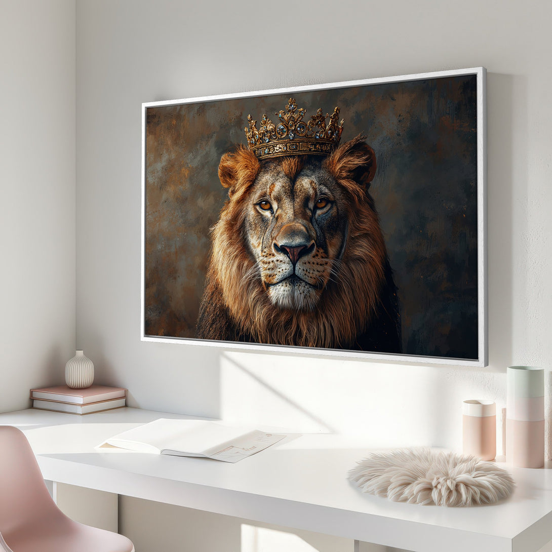 Framed Wall Art: Majestic lion portrait with crown, warm brown and gold tones, perfect for adding a regal touch to any space.