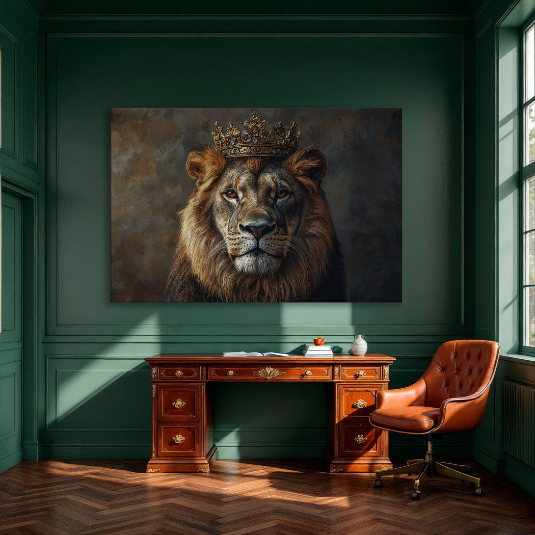 Framed Wall Art: Majestic lion portrait canvas print in warm brown tones. Regal decor for a modern home.